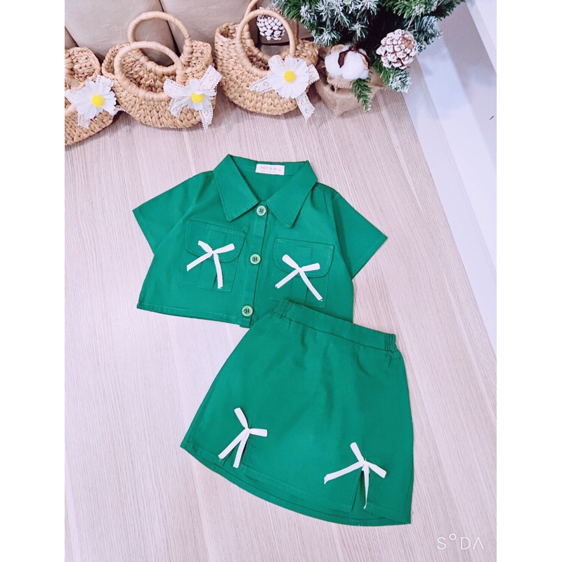 Bộ váy áo chơi thiết kế cho bé gái 10-40kg, set váy áo kaki cao cấp cho bé gái