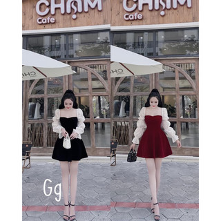 BIGSIZE Đầm nhung cúp ngực, dáng xòe phối tay voan nhún, đi chơi, Tết, Noel, tiệc PHOANH BOUTIQUE 50-100kg M/L/XL/XXL