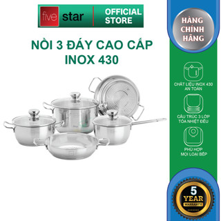 Bộ nồi inox 430 đáy từ cao cấp FIVESTAR 5 chiếc nắp kính size nồi 16cm , 20cm , 24cm , quánh 18cm và chảo caro 24cm