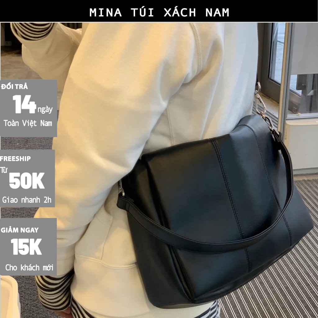 Túi đeo chéo nam đen trơn basic thời trang đi học đi làm giỏ đựng ipad, sách vở, tài liệu a4, máy tính laptop MINA