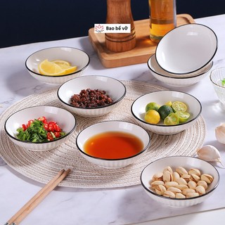 Đĩa chấm sứ trắng. đĩa chấm gia vị bằng sứ, đĩa chấm vân dọc viền đen