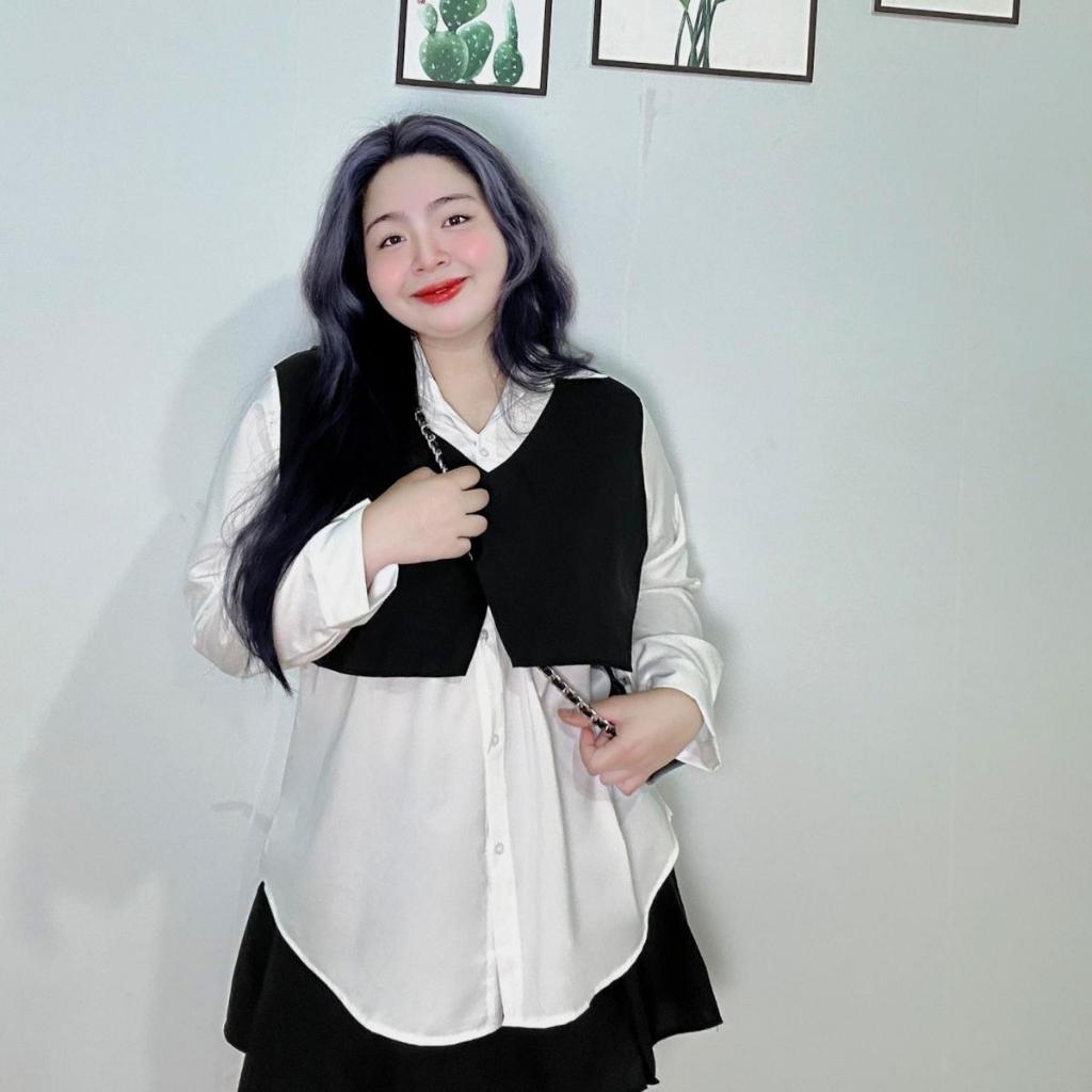 Áo sơ mi phối ghi lê bigsize nữ tay dài cổ bẻ sang chảnh thanh lịch dành cho nàng chuppy 60-95kg - SM139