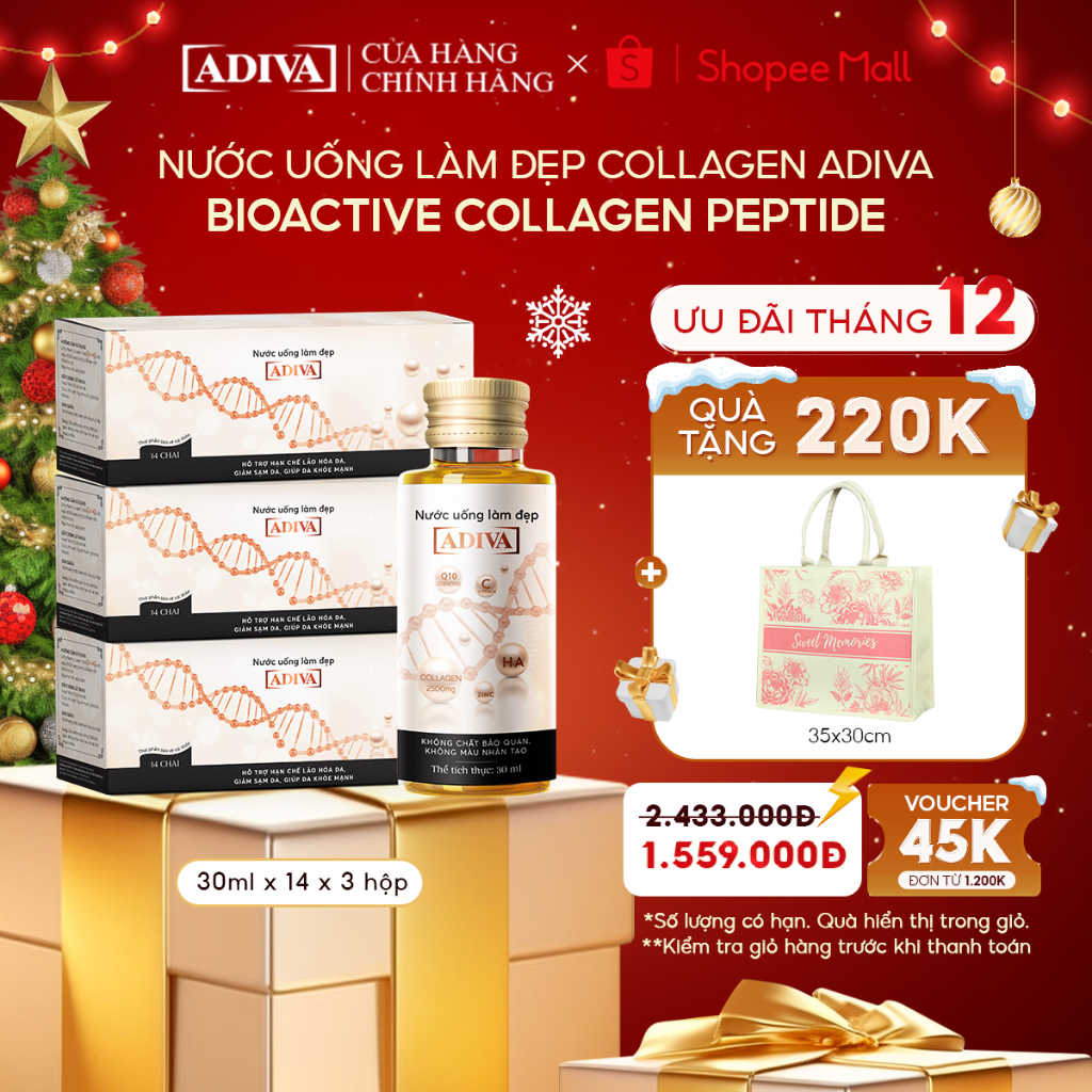 Combo 3 Hộp Nước Uống Làm Đẹp Collagen ADIVA  - Giúp Làn Da Săn Chắc, Ảm Mịn Và Căng Bóng