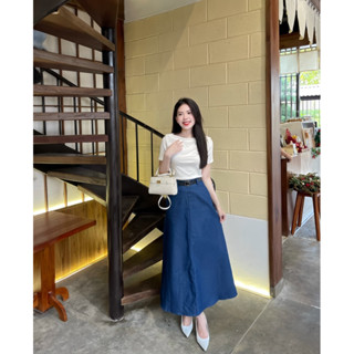 SET CHÂN VÁY MINDI JEANS DÀI 90CM MIX ÁO THUN TRẮNG COTTON TAY NGẮN CỔ THUYỀN THANH LỊCH CÓ TẶNG KÈM NỊT ĐỦ SIZE