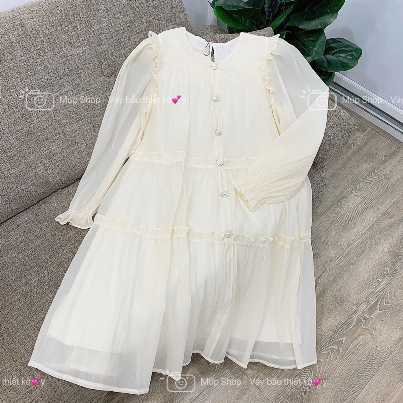 Váy tơ dài tay cúc ngọc tiểu thư , váy dự tiệc, đầm bầumùa thu