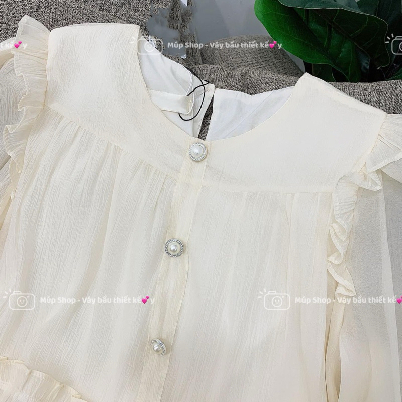 Váy tơ dài tay cúc ngọc tiểu thư , váy dự tiệc, đầm bầumùa thu