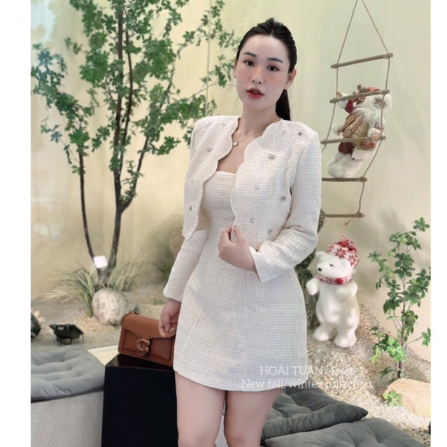 Sét dạ trắng sét dạ nữ dự tiệc cưới sét dạ tweed váy dạ kèm áo khoác ngoài viền sóng trắng cao cấp