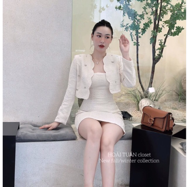 Sét dạ trắng sét dạ nữ dự tiệc cưới sét dạ tweed váy dạ kèm áo khoác ngoài viền sóng trắng cao cấp