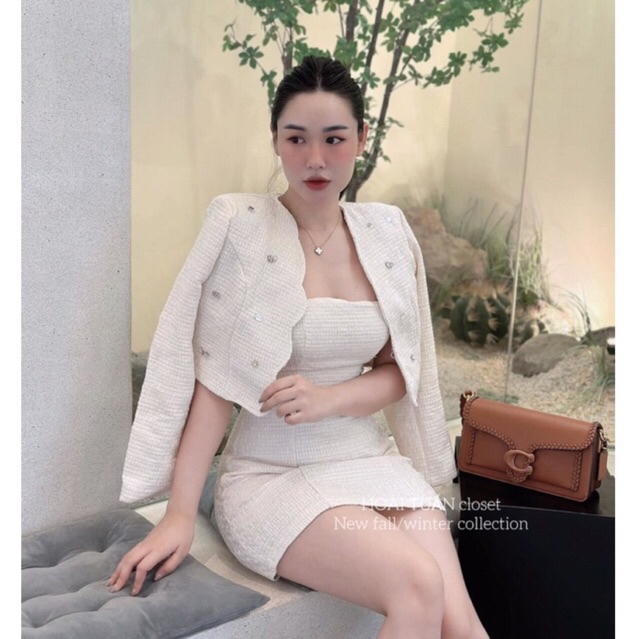 Sét dạ trắng sét dạ nữ dự tiệc cưới sét dạ tweed váy dạ kèm áo khoác ngoài viền sóng trắng cao cấp