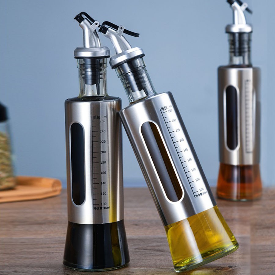 Chai Thuỷ Tinh Đựng Gia Vị, Chất Lỏng Bọc Inox có Vòi Rót Dầu. thể tích 200ML