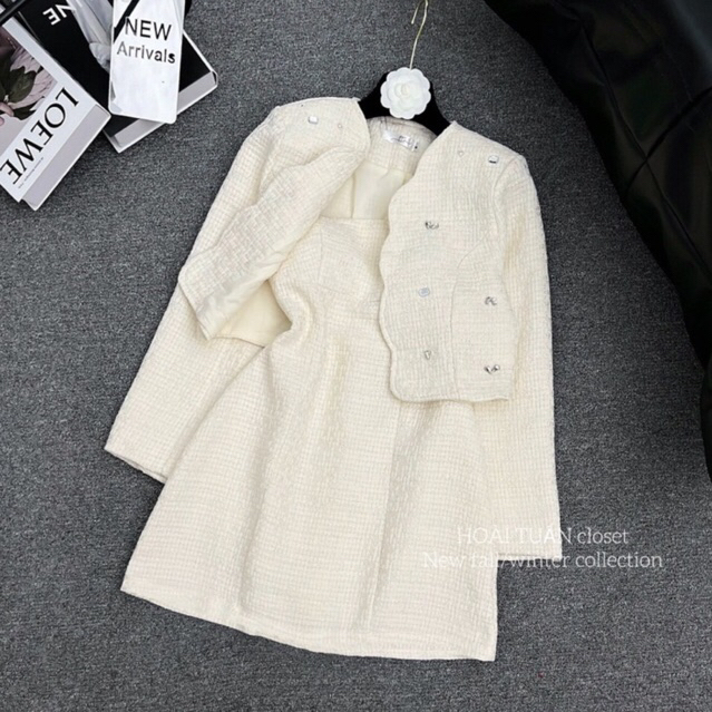 Sét dạ trắng sét dạ nữ dự tiệc cưới sét dạ tweed váy dạ kèm áo khoác ngoài viền sóng trắng cao cấp