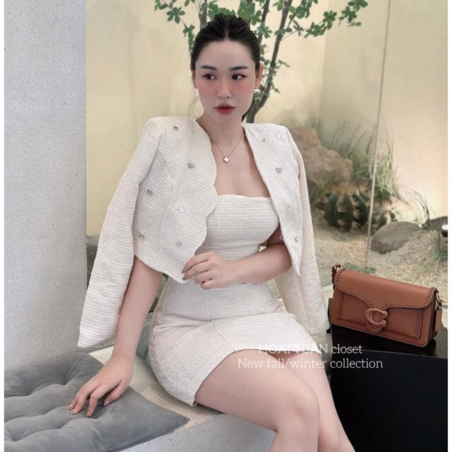 Sét dạ trắng sét dạ nữ dự tiệc cưới sét dạ tweed váy dạ kèm áo khoác ngoài viền sóng trắng cao cấp