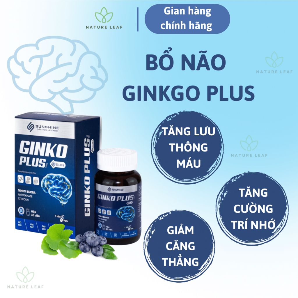 Bổ não Ginko Plus với thành phần chính Ginko biloba giúp hoạt huyết dưỡng não, giảm đau đầu, chóng mặt, tê tay chân