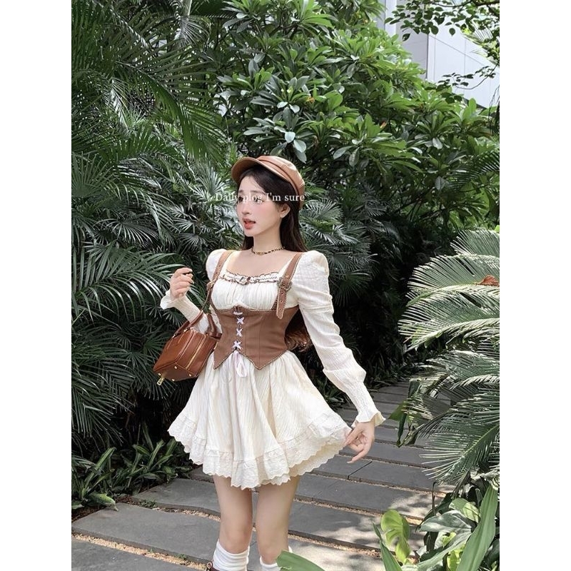 Đầm phối gile xoè tay dài