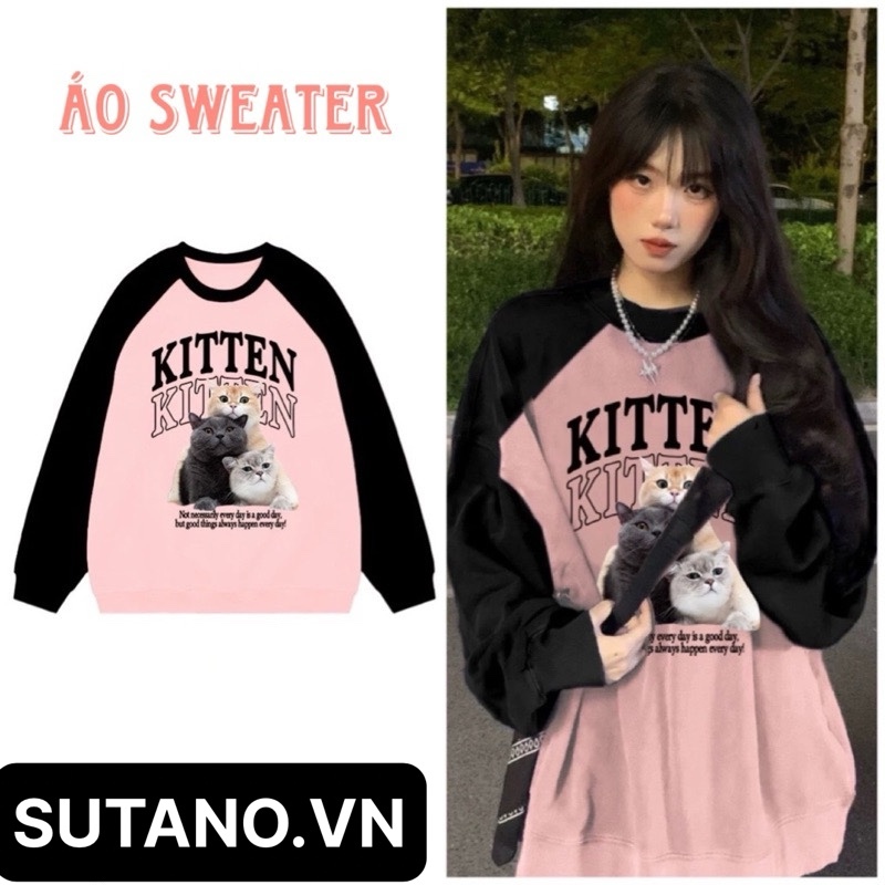 Áo nỉ sweater nữ zaplang hồng phối tay đen họa tiết mèo form rộng chất nỉ cotton lót lông dày dặn A914 SUTANO