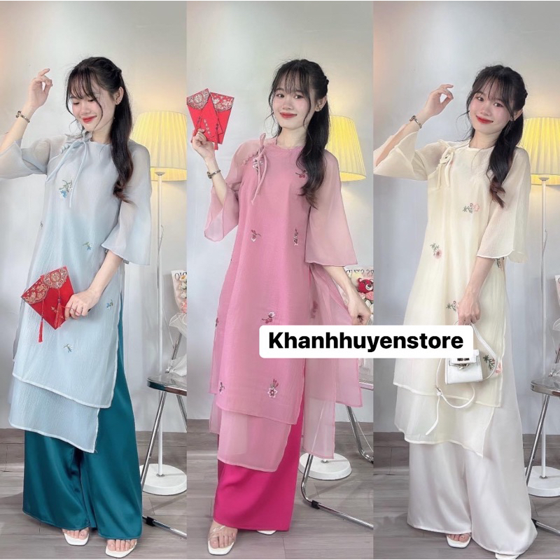 Set Áo Dài 3 màu thêu hoa nhí ( Ảnh cận chất cuối cùng )