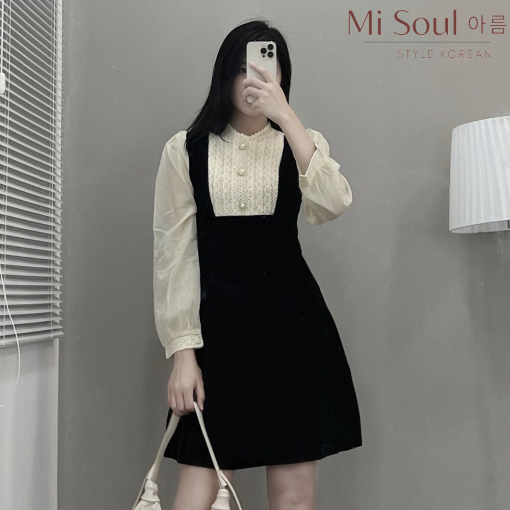 Váy Nhung Ngực Ren Tay Voan Sang Chảnh Bigsize Thiết Kế Misoul, Đầm Nhung Sang Chảnh Tiểu Thư 122