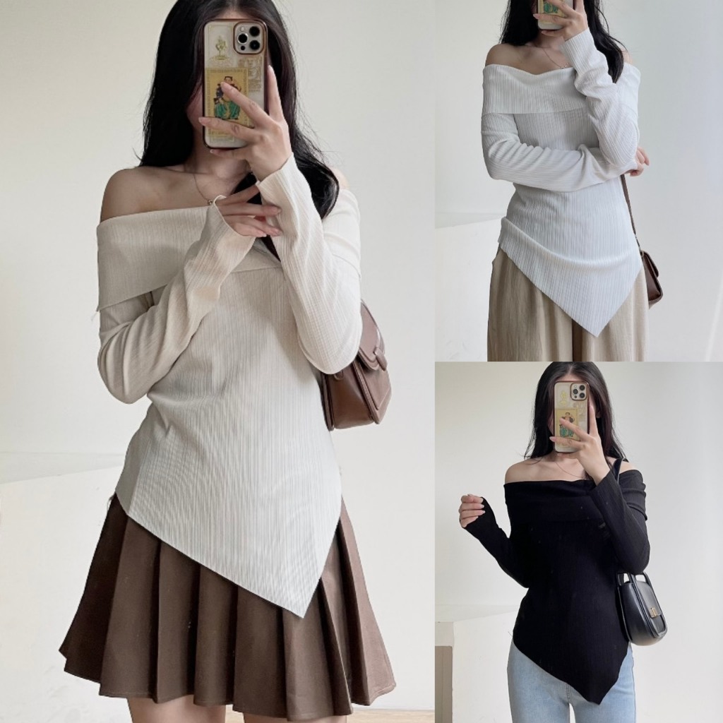 áo trễ vai dài tay vạt chéo thun tăm co giãn,áo kiểu nữ trễ vai bánh bèo phong cách hotgirl Hàn Quốc A535 SUTANO