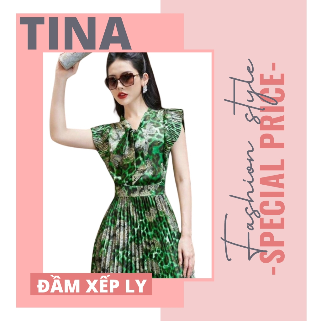 Đầm xếp ly TOPSHOP, chất lụa cực mịn mát, Đầm thiết kế xếp ly nơ cổ quý phái hai màu da beo và xanh dáng dài sang trọng