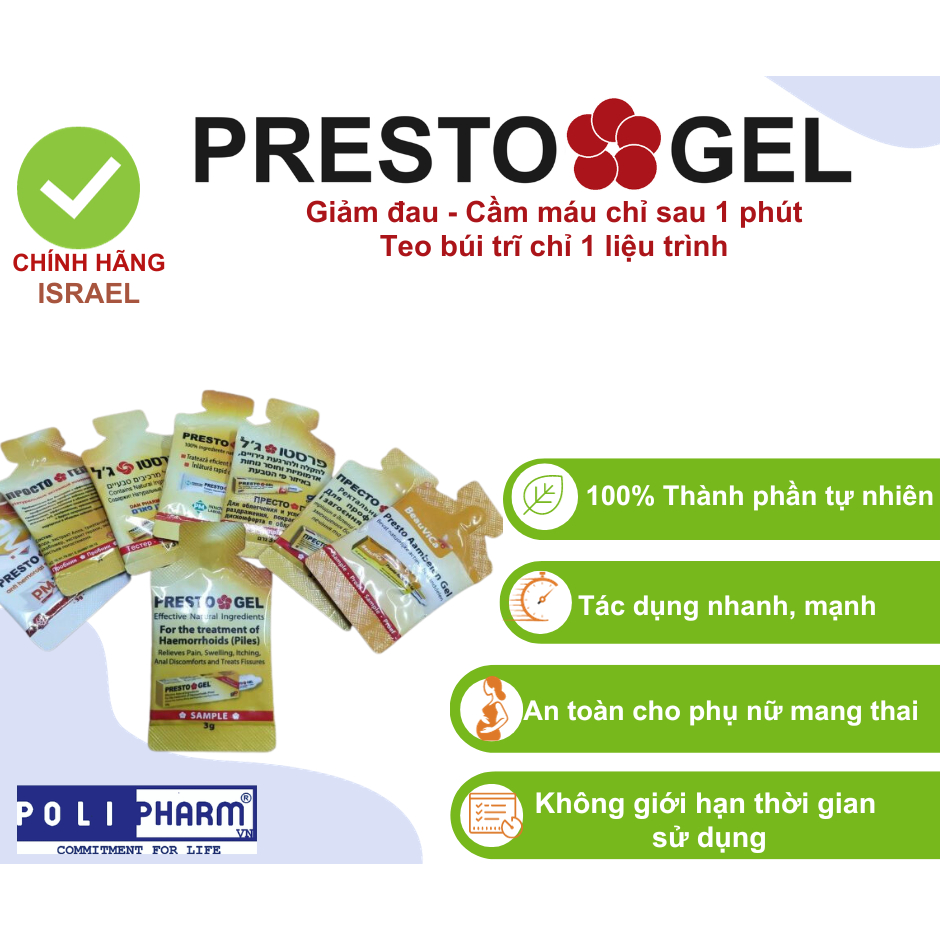 Chính hãng Gel Bôi trĩ Presto nhập khẩu Danpharm - Israel, túi 3g - Polipharm