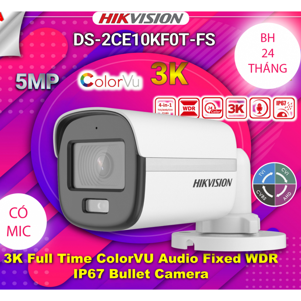 TRỌN BỘ 4 CAMERA HIKVISION 5.0MP ULTRA 3k có mic và màu ban đêm nét nhất hiện nay- bảo hành chính hãng 2 năm