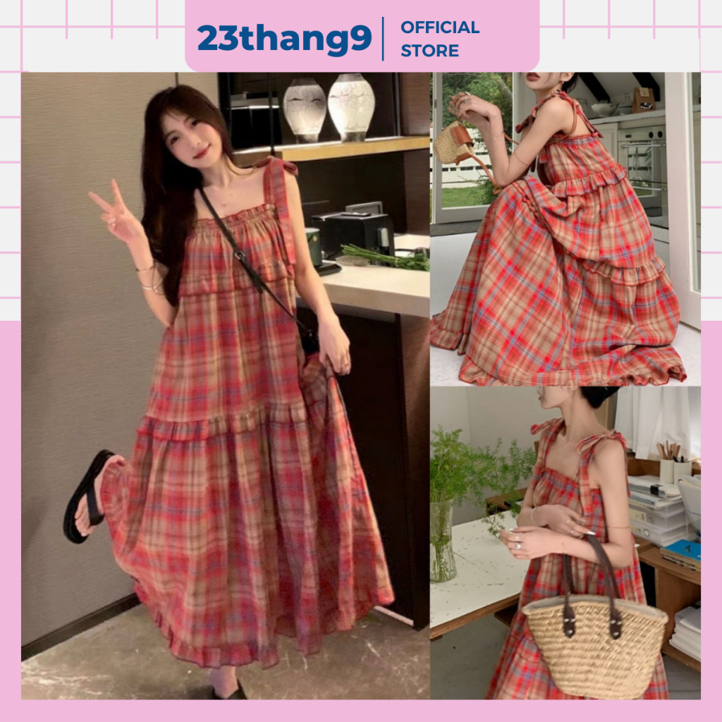 Váy hai dây nữ , đầm babydoll 2 dây kẻ caro đỏ vintage dáng dài maxi đi biển mùa hè chất kẻ đũi thô QCCC V14