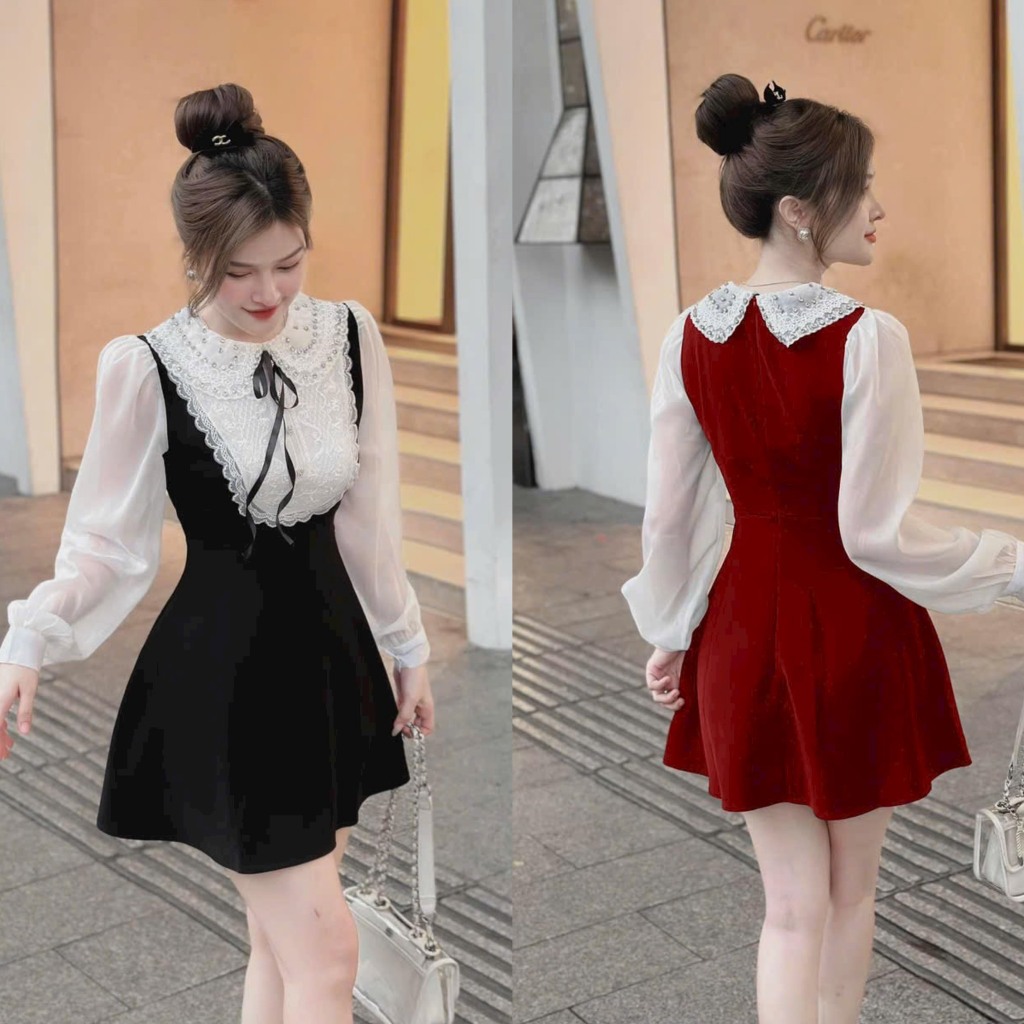 Đầm váy nữ nhung xòe phối tay voan dài họa tiết cổ bèo ren đính đá sang chảnh, xinh xắn cho các nàng đi dự tiệc