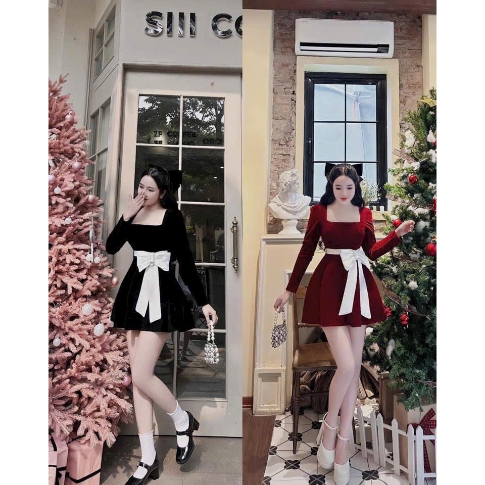 Đầm váy nữ nhung tay dài dáng xòe kèm nơ rời có lót quần với 2 tone màu sang chảnh cho các nàng đi dự tiệc, mặc tết