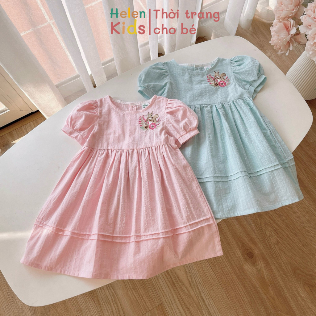 Váy Cộc Tay Bé Gái Helen Kids Váy Thô Thêu Sóc Hoa Cho Bé Op2320