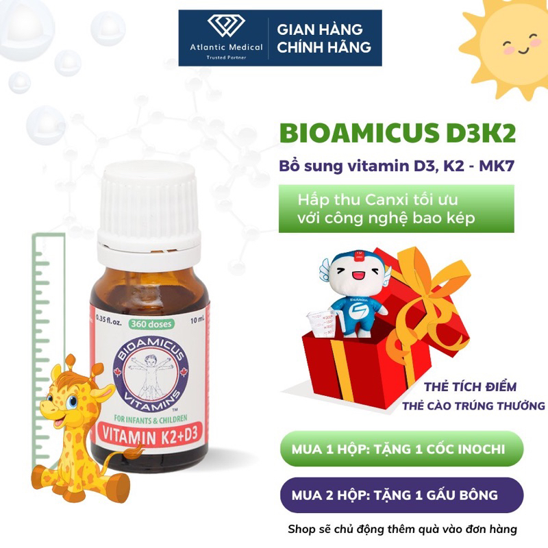 BioAmicus Vitamin D3K2 MK7 Tinh Khiết Tăng Chiều Cao, Miễn Dịch Khỏe Mạnh, Bé Ngủ Ngon 10ml