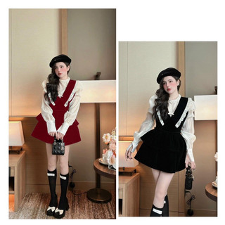Set đầm nhung nơ phối sơmi voan