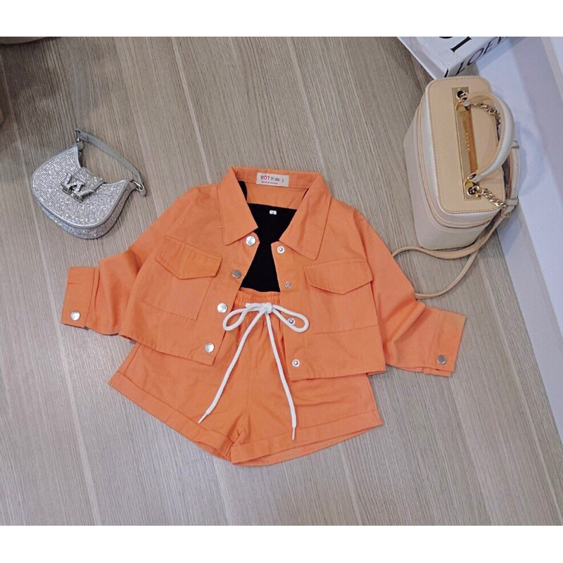 Set 3 món quần đùi áo dài tay kèm Áo lá siêu ngầu cho bé gái 8-40kg