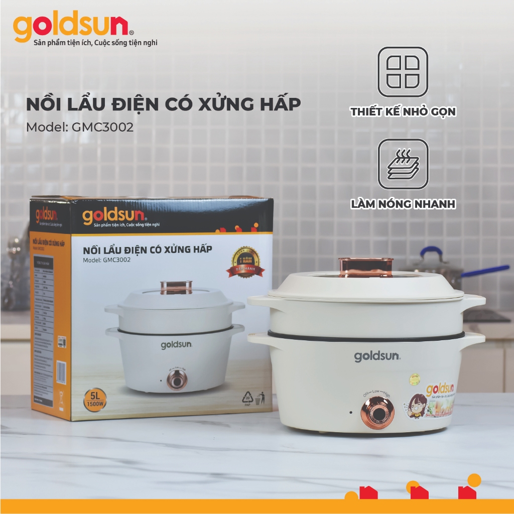 Nồi Lẩu Điện Đa Năng Goldsun 5L Công Suất 1500W 2 Tầng Có Xửng Hấp - GMC3002,GMC3003 [BẢO HÀNH 12 THÁNG]