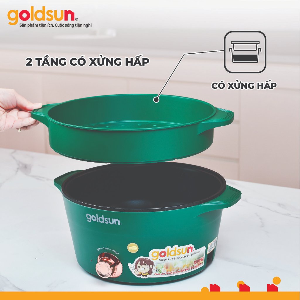 Nồi Lẩu Điện Đa Năng Goldsun 5L Công Suất 1500W 2 Tầng Có Xửng Hấp - GMC3002,GMC3003 [BẢO HÀNH 12 THÁNG]