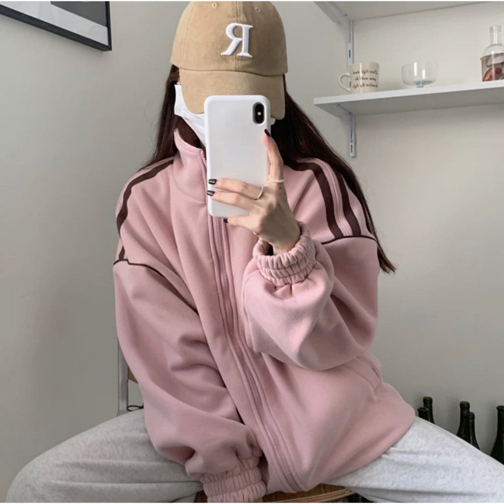 Áo Hoodie Hồng Viền Sọc dây kéo vải nỉ lót bông dày dặn form rộng unisex nam nữ hàn quốc mùa hè