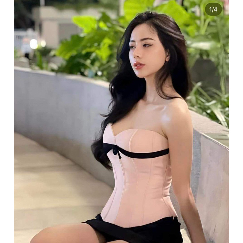 JUBIN STUDIO | Corset thắt nơ vải bố kim tuyến