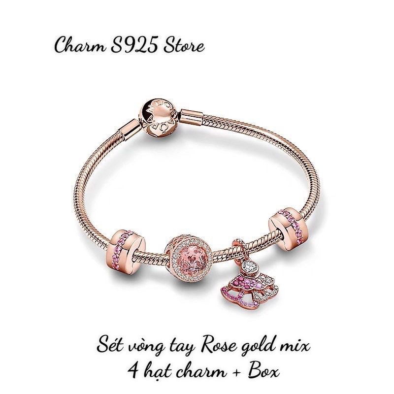 combo bộ vòng tay mềm + 4 hạt charm pan vàng hồng cao cấp bạc s925