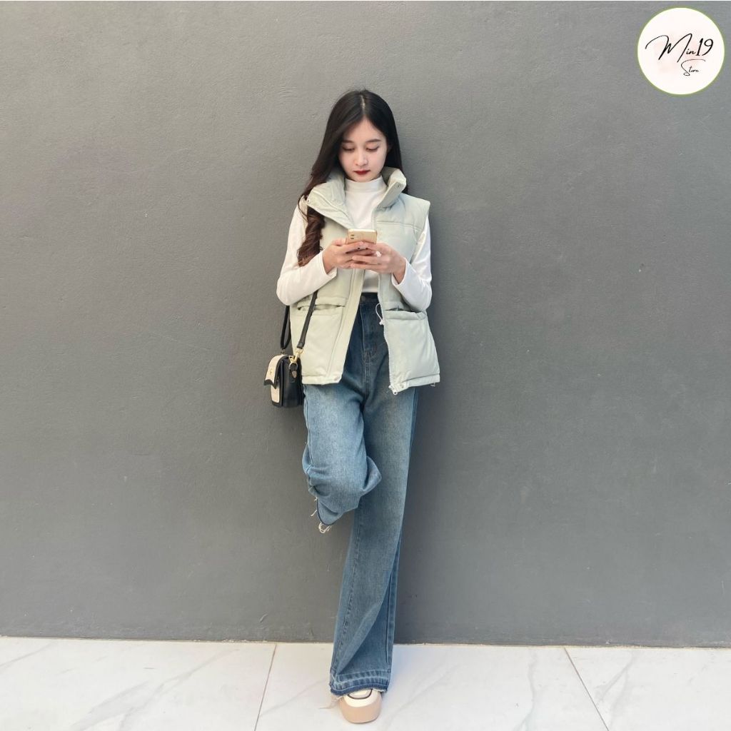 Áo Khoác Gile Nữ MIN19 Áo Phao Ba Lỗ Hàn Quốc Siêu Nhẹ Dáng Ngắn Croptop Vải Kaki Lót Bông Màu Trắng Đen Nâu Thời Trang