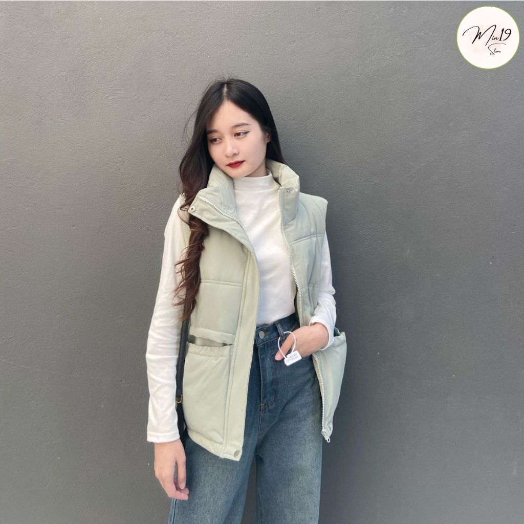 Áo Khoác Gile Nữ MIN19 Áo Phao Ba Lỗ Hàn Quốc Siêu Nhẹ Dáng Ngắn Croptop Vải Kaki Lót Bông Màu Trắng Đen Nâu Thời Trang
