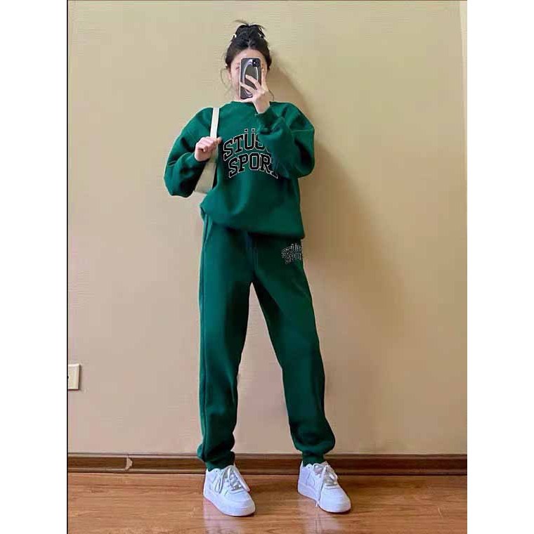 Bộ Nỉ Nam Nữ Trơn In Chữ Stu8sy - Đồ Thể Thao Thu Đông Thời Trang Gồm Áo Cổ Tròn D