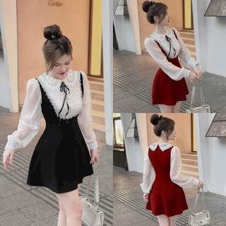ĐẦM Nhung phối tay Voan cổ Ren đính đá sang (có lót) mặc dự tiệc đi chơi Noel, chúc TẾT