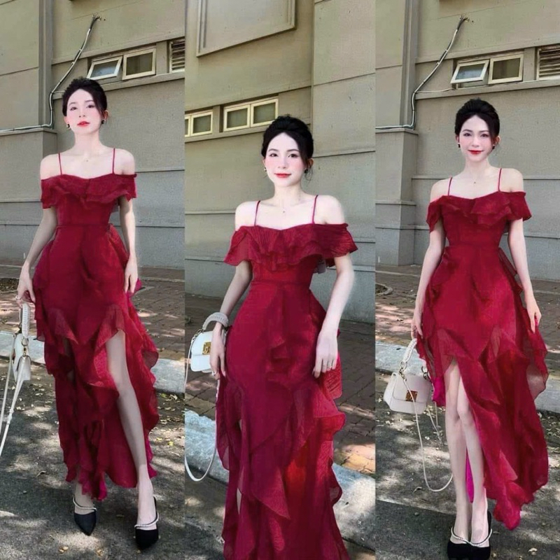 Đầm voan trễ vai TRIPBLE T DRESS phối bèo - Free size