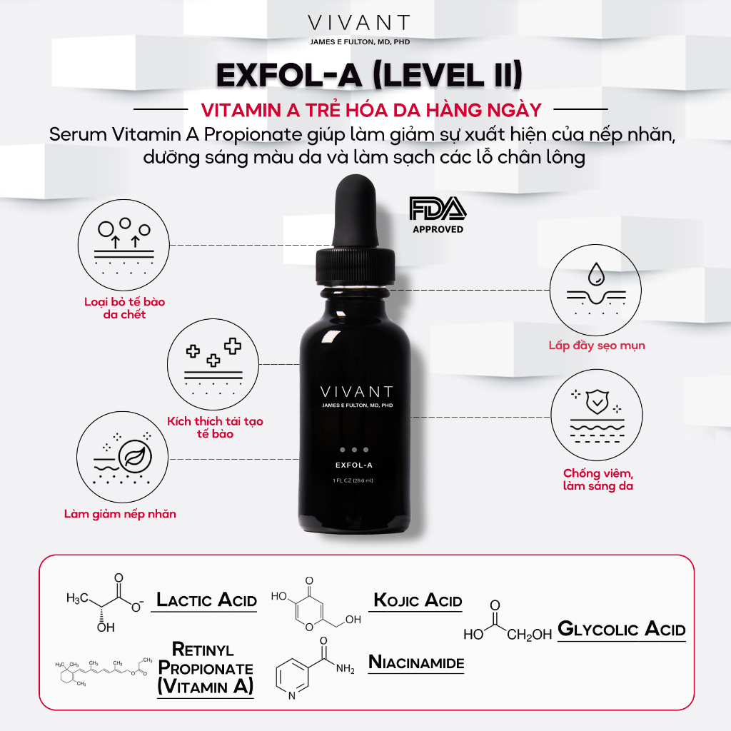Serum Vivant Skincare Exfol-A, Exfol-A Forte giảm nhăn, giảm sẹo mụn, trẻ hóa da 5ml, 10ml