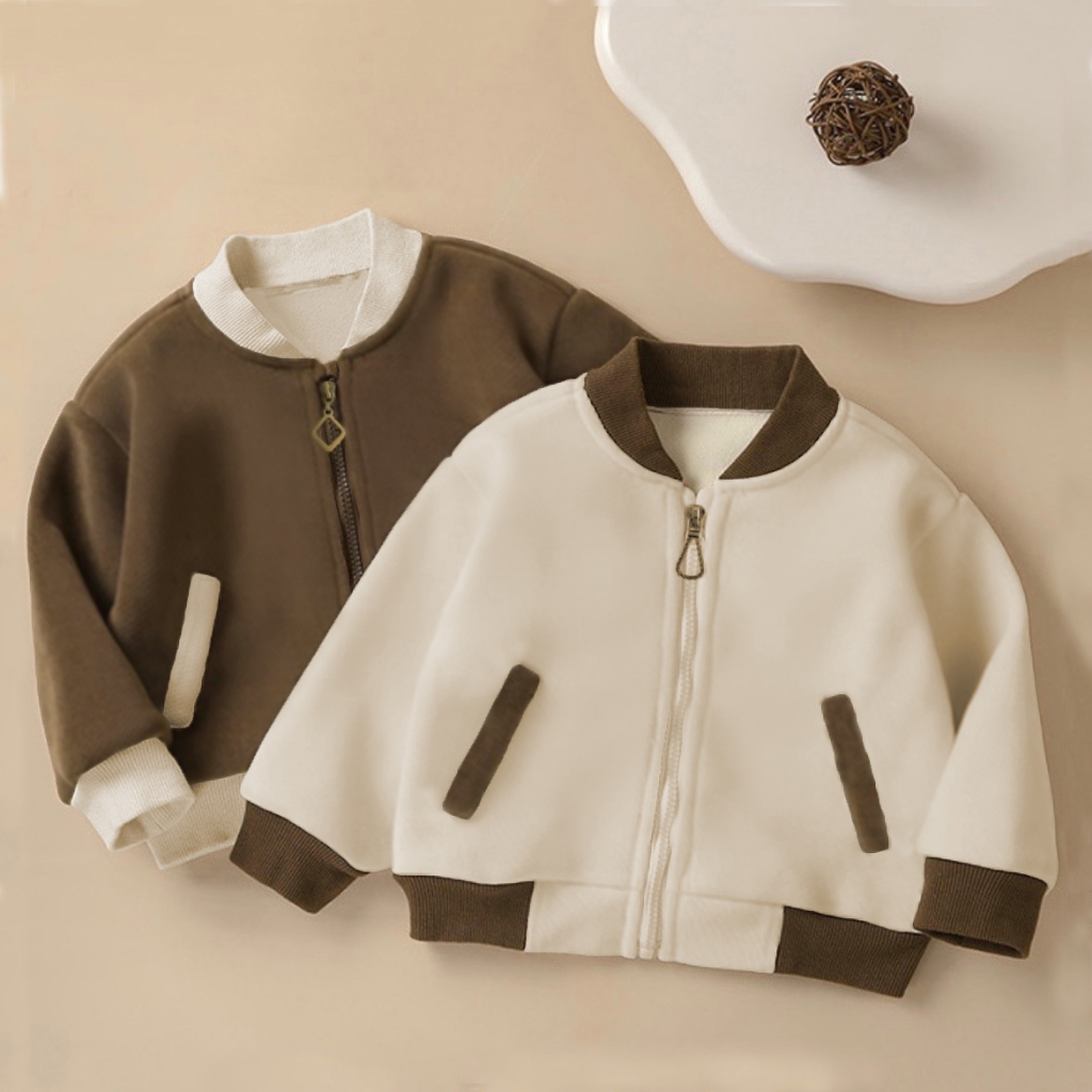 Te503- Áo khoác bomber khoá kéo chất nỉ lót lông nhung mềm mịn phối túi Hokiha Kids cho bé trai bé gái từ 9-19kg