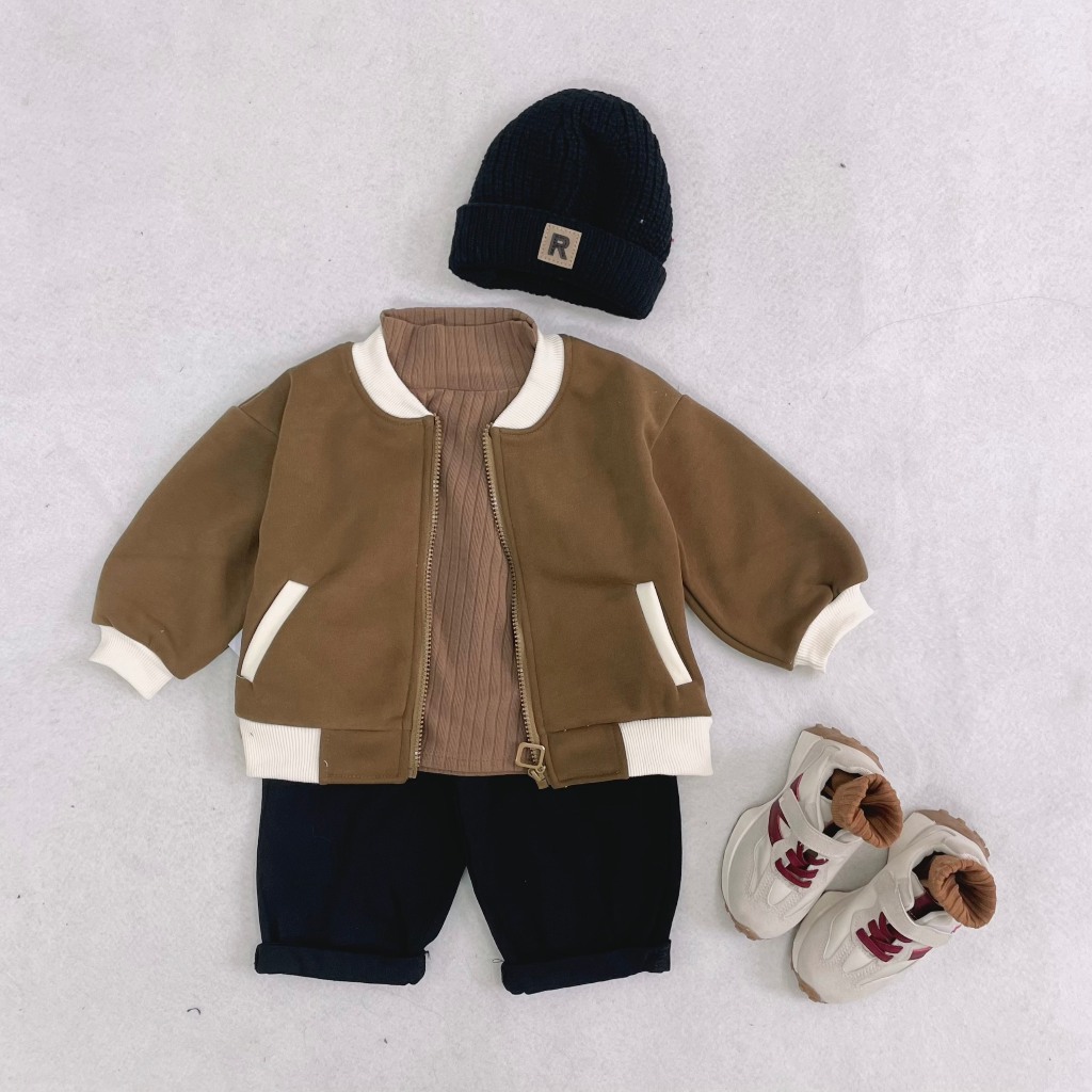 Te503- Áo khoác bomber khoá kéo chất nỉ lót lông nhung mềm mịn phối túi Hokiha Kids cho bé trai bé gái từ 9-19kg