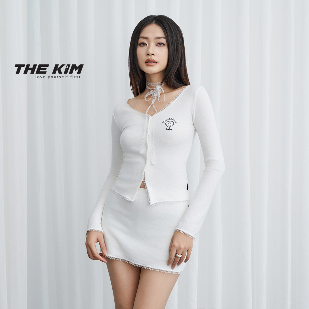 The Kim set áo cardigan chân váy len tăm nhung, tặng kèm dây ren buộc cổ CS247