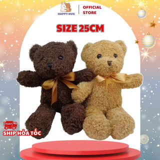 Gấu bông xù size nhỏ 25 cm xinh xắn, dễ thương, mềm mịn, đính nơ lụa, thú nhồi bông cao cấp - Happy Hug