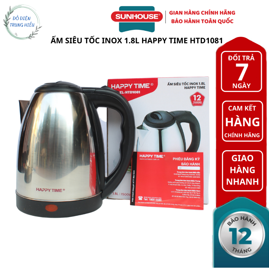 Ấm siêu tốc Inox 1.8L SUNHOUSE Happy Time HTD1081 - Bảo Hành Chính Hãng 12 Tháng