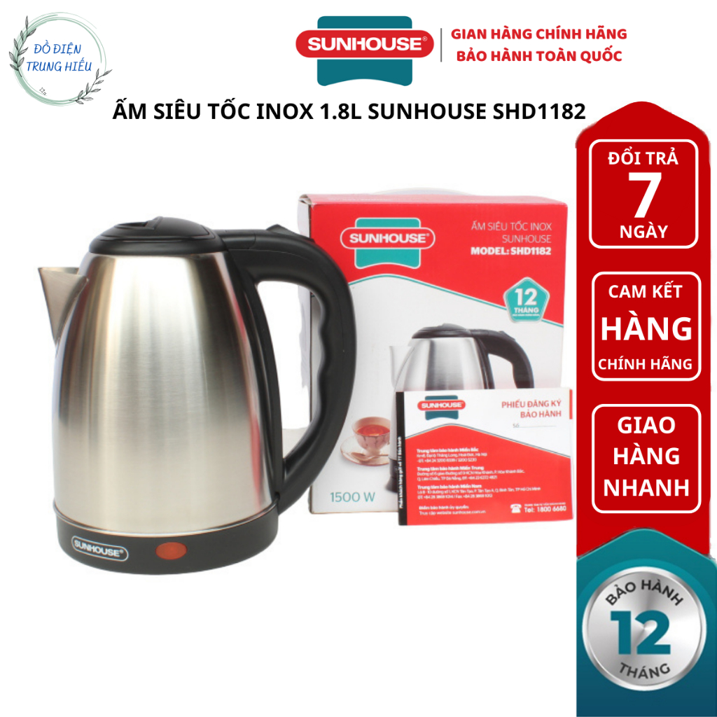 Ấm siêu tốc inox 1.8L Sunhouse SHD1182 - Bảo hành chính hãng 12 tháng
