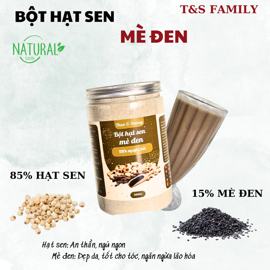 500g Bột Hạt Sen Mè Đen Nguyên Chất Giúp An Thần, Ngủ Ngon, Đẹp Da Tóc Hộp 500g